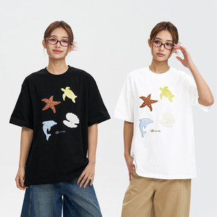 清凉宽松百搭情侣T恤 夏季 iSaluteU 趣味海洋系列贴布钉珠工艺短袖
