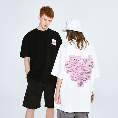 isaluteU爱心便利贴织标T恤情侣装夏季嘻哈潮流纯棉短袖男女同款