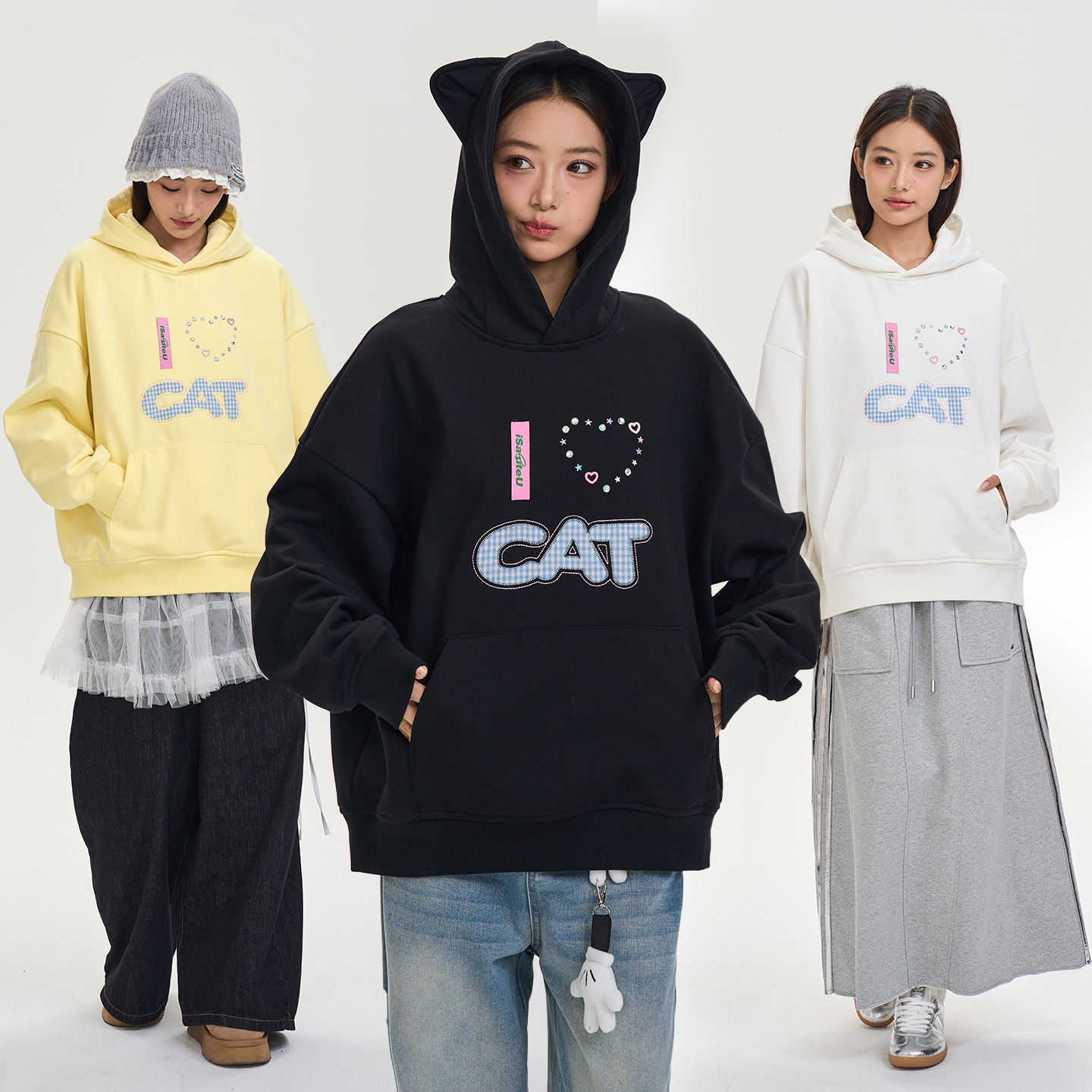 iSaluteU 烫钻爱心猫耳朵连帽卫衣蓝白格CAT贴布绣帽衫外套男女款