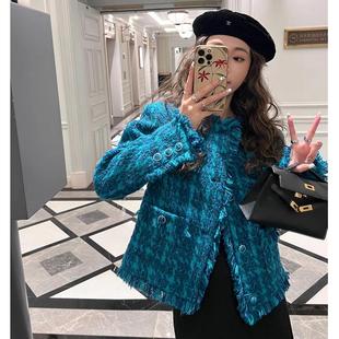 redsuit 法式复古蓝色V领小香风粗花呢名媛风流苏短外套通勤上衣