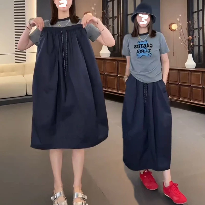 老钱风藏青色中长款半身裙