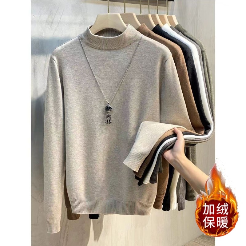加绒毛衣男纯色冬季保暖加厚半高领针织衫男内P搭打底衫爸爸装毛
