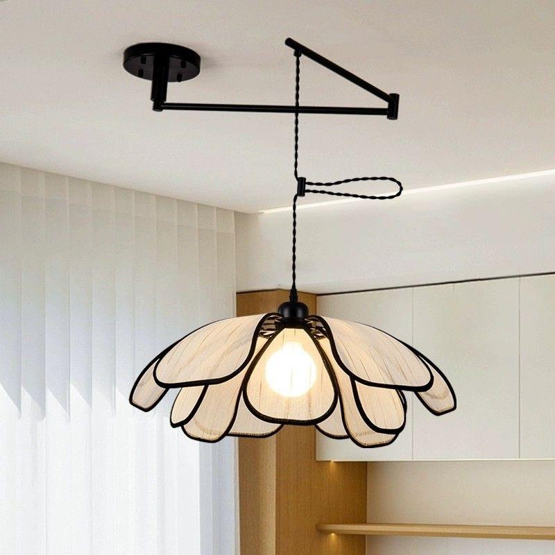 法式中古摇臂餐厅花瓣吊灯日式布艺可移位饭桌吊灯复古吧台岛台灯