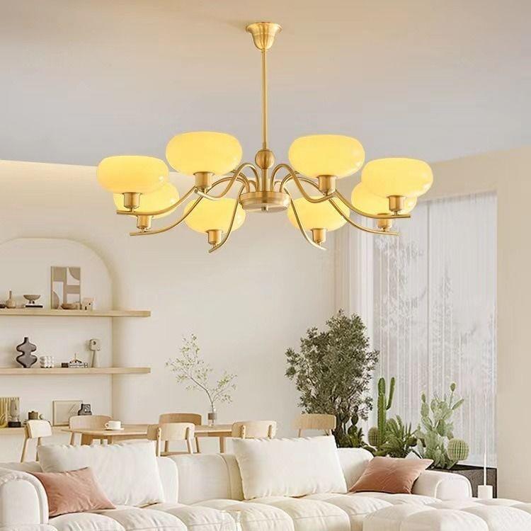 美式简约中古客厅书房卧室餐厅全铜灯法式奶油风轻奢玻璃灯罩吊灯