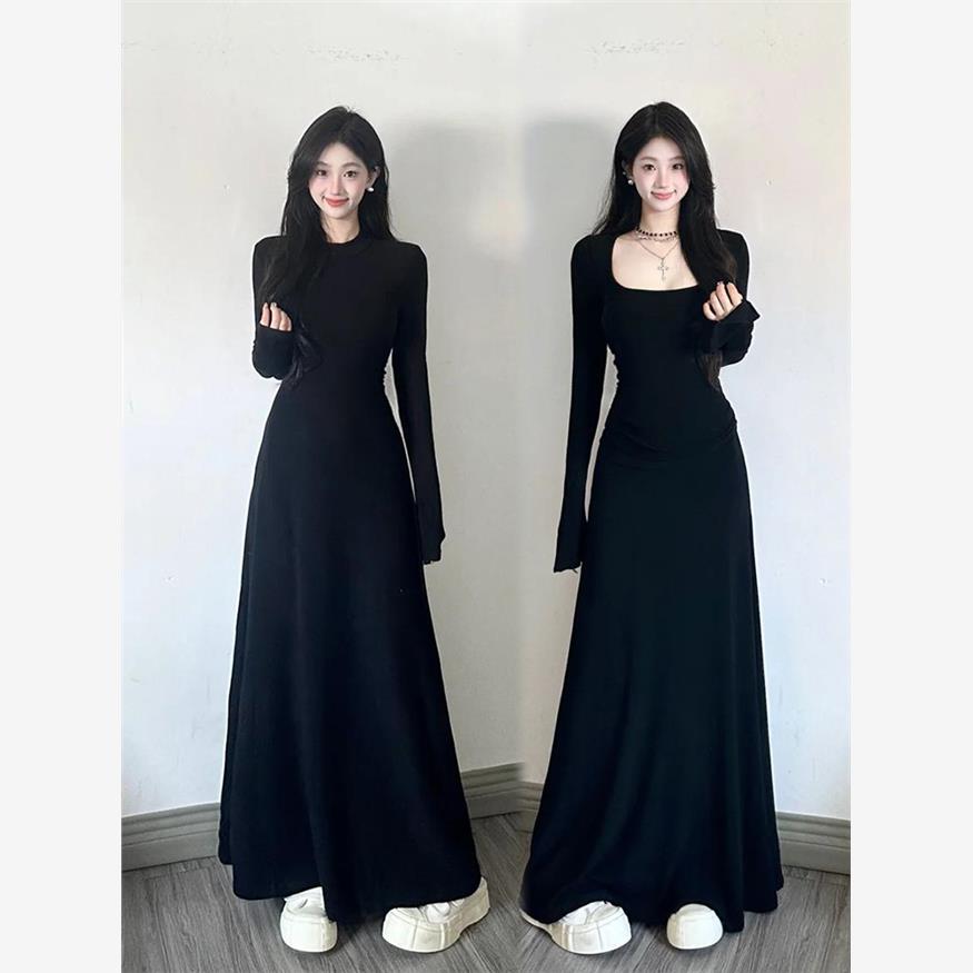 [270g棉拉毛]2024秋季修身长裙女腰修身Look方领优雅针织裙