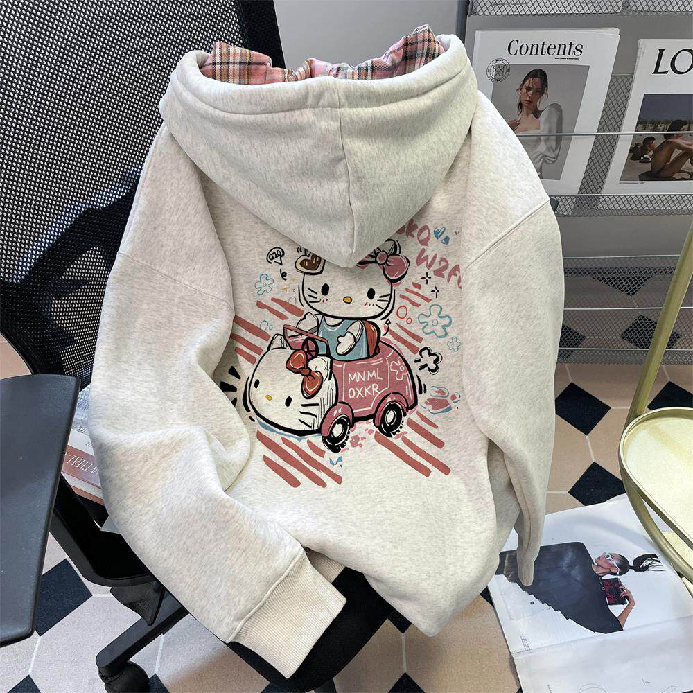 韩系慵懒风可爱Kitty猫卫衣开衫女初中生超好看加绒连帽拉炼外套
