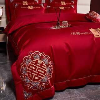 新中式大红色婚庆四件套100长绒棉被套纯棉床单结婚喜被床上用品