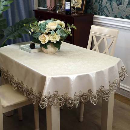 椭圆形蕾丝防水防油免洗餐桌桌布美式可折叠圆桌家用新中式台布罩