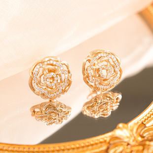 珠宝定制 太府珠宝18K金钻石镂空花朵耳拍彩金女款 耳饰立体花个性