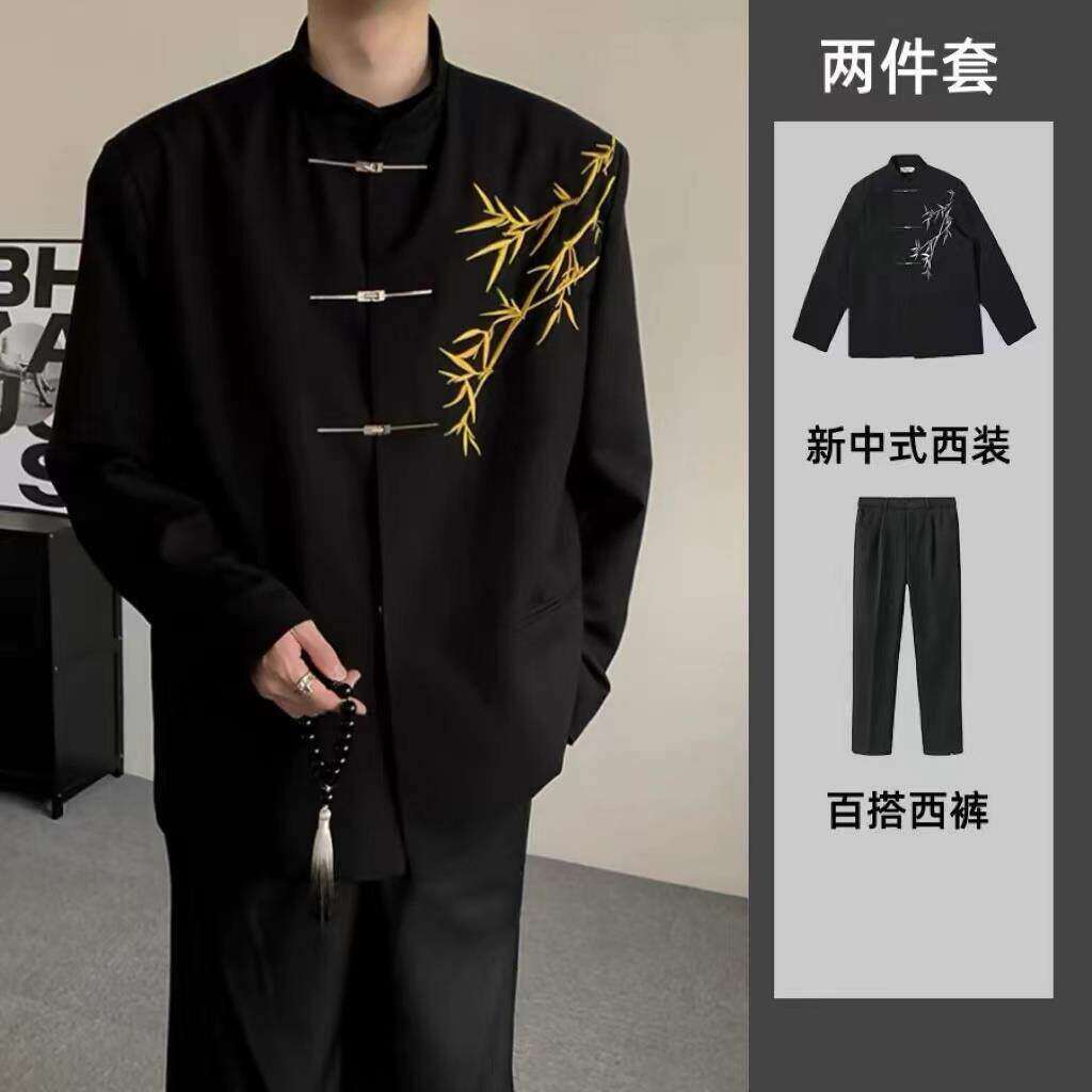 新中式男订婚衣服套装国风立领中山装金竹刺绣成人礼服演出西装潮