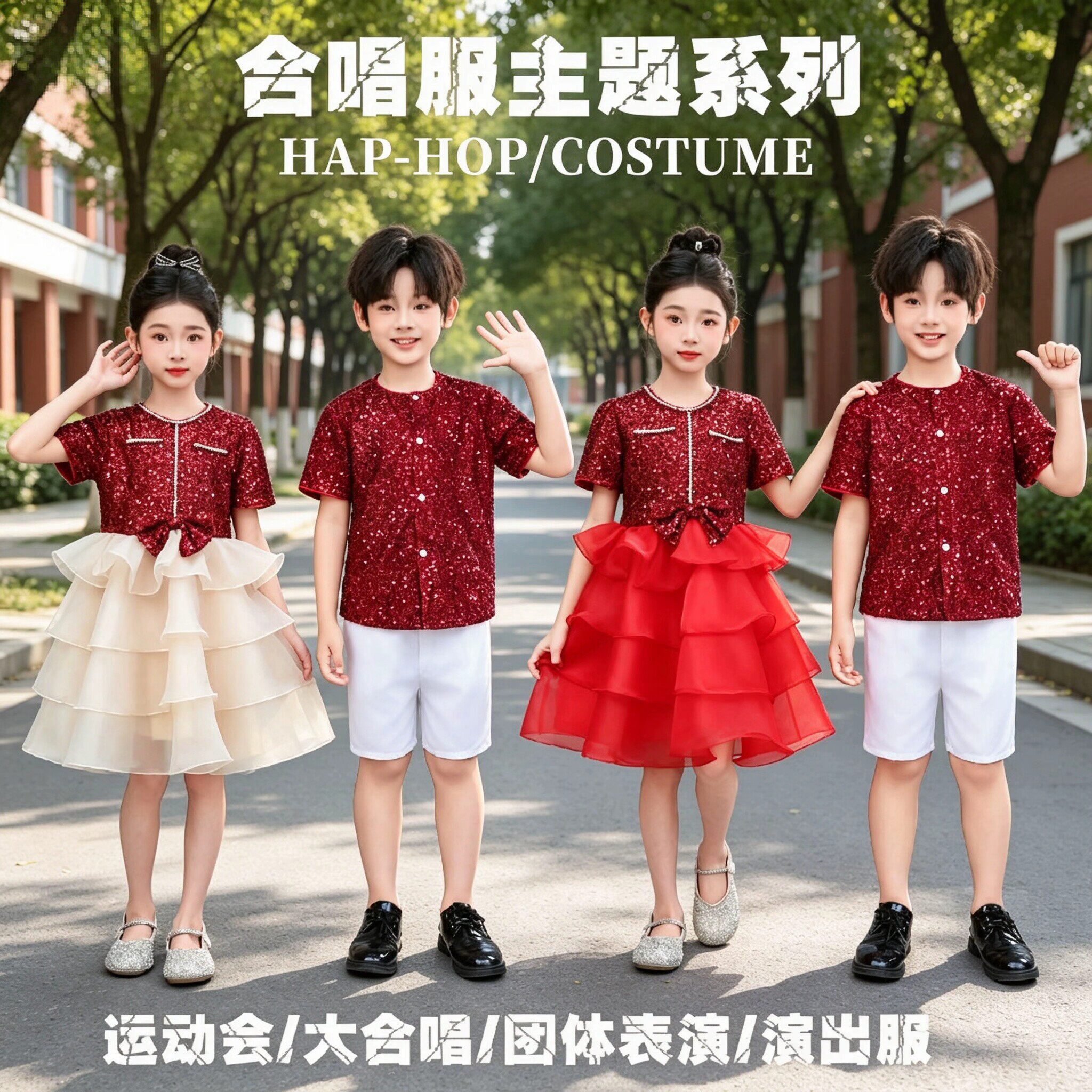 六一儿童演出服小学生合唱舞蹈表演服红色亮片蓬蓬裙公主舞台服装