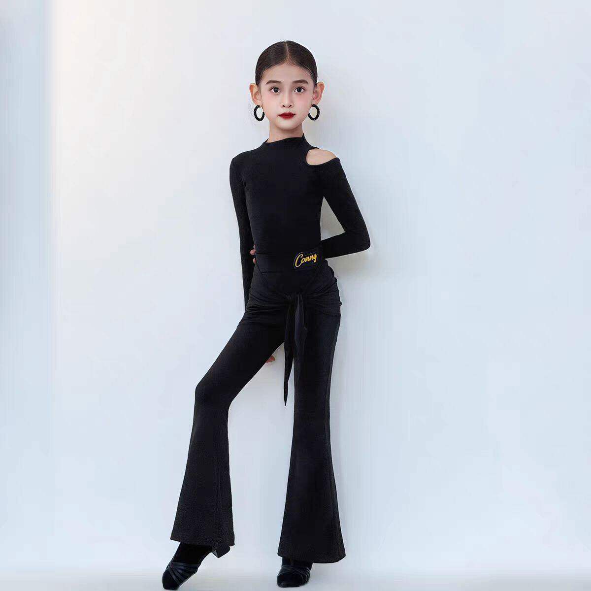 舞慧拉丁舞训练服女儿童舞蹈练功服长裤微喇叭黑色长袖上衣套装