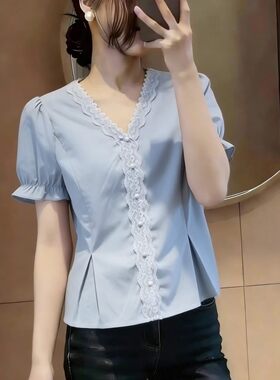 凡客诚品法式蕾丝拼接V领短袖衬衫女2026夏季新款设计感修身显瘦
