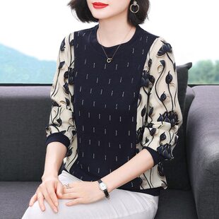 奥特莱斯捡漏妈妈装针织拼接雪纺长袖t恤衫女士春秋款洋气小
