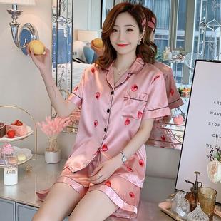 印花两件套装 睡衣女夏翻领开衫 短裤 冰丝绸韩版 家居服 甜美短袖
