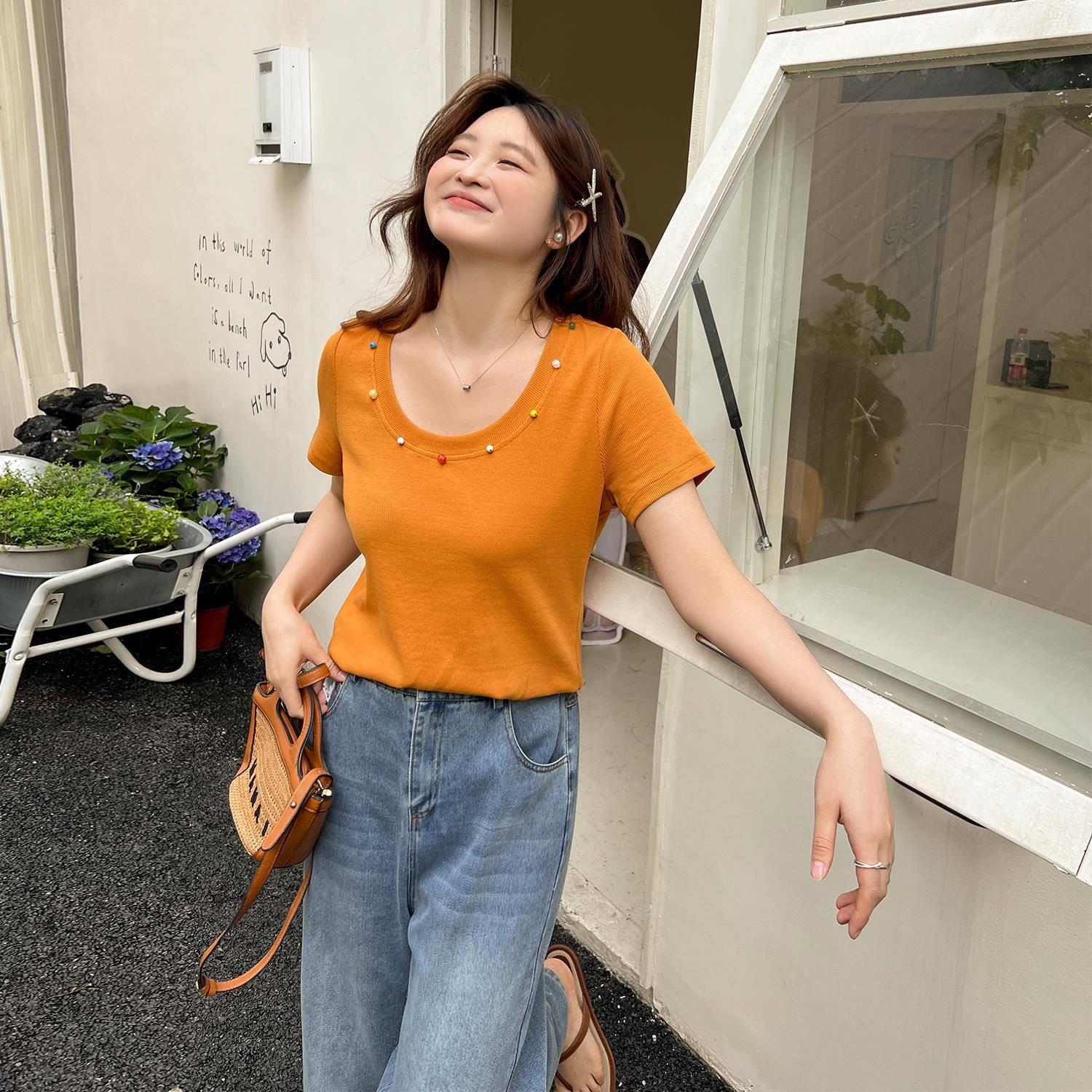 DM100大码百分百女装夏季微胖mm显瘦遮肉百搭彩色珠子U领短袖T恤