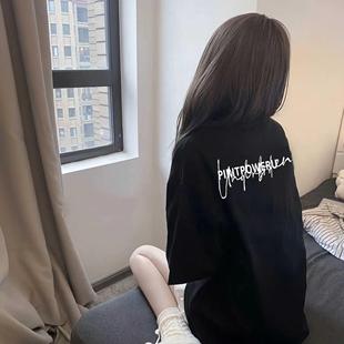 上衣 黑色纯棉短袖 t恤少女大童夏季 2025新款 初中学生宽松潮牌半袖