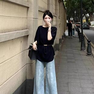 英国NEXT T恤女2025宽松显瘦上衣 ROAD夏圆领中分袖 配腰带冰丝短袖