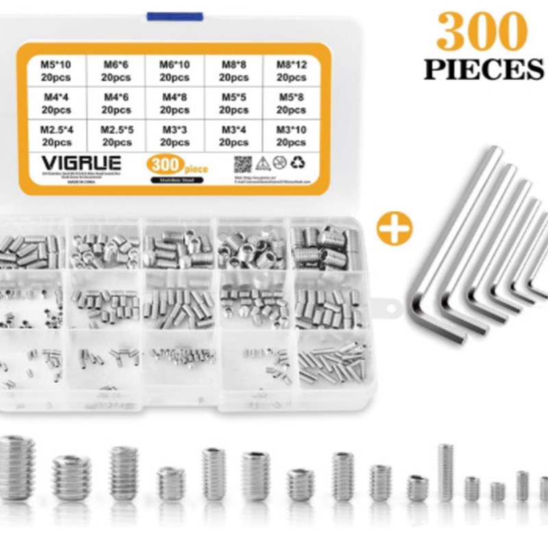 300pcs304不锈钢内六角平端机米螺丝组合盒装M2.5/M3/M4/M5/M6/M8