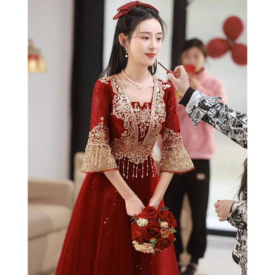 中式敬酒服新娘2025新款夏季酒红色长款高端气质回门便装礼服裙女