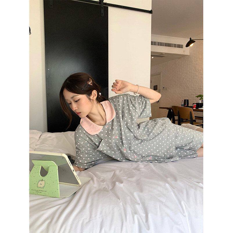 韩版拼色睡衣女款夏季云朵棉短袖套装甜美高级感家居服大码可外穿