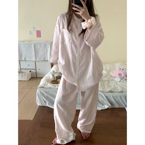 跨境专供外贸韩版条纹睡衣女春秋长袖套装高级感开衫家居服可外穿