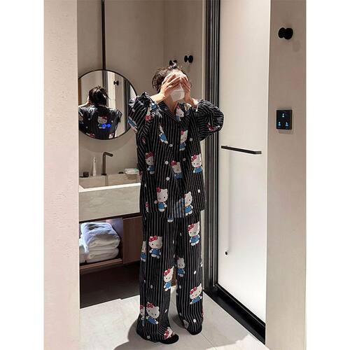 韩系网红黑色Kitty睡衣女春夏新款宽松长袖长裤家居服套装可外穿