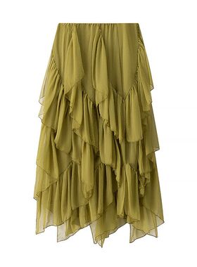 BSK&TRAF女装2025年秋季新款法式时尚设计荷叶边雪纺皱褶半身裙