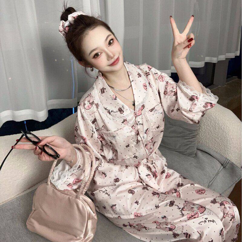 Yase【喵喵星冰乐】夏季新款粉色可爱波点猫咪甜美蕾丝花边家居服