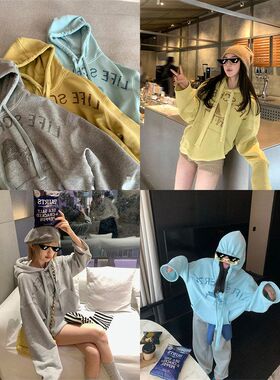 区区欧阳连帽磨毛卫衣外套女冬季美式复古宽松慵懒风印花长袖上衣