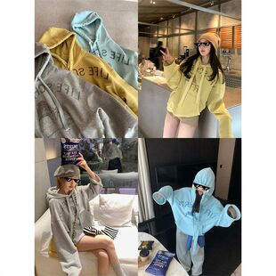 区区欧阳连帽磨毛卫衣外套女冬季美式复古宽松慵懒风印花长袖上衣