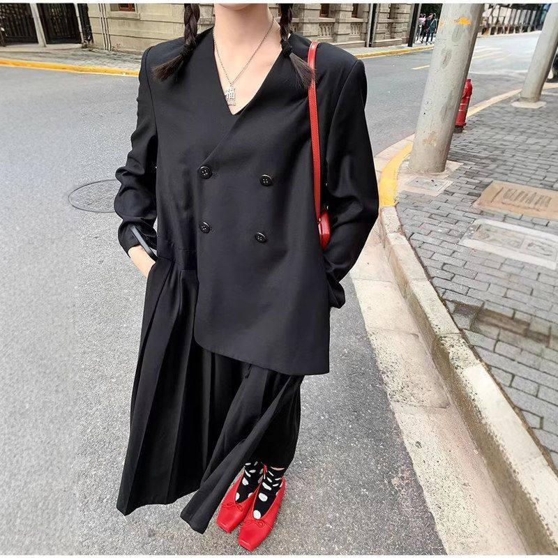 【现货】MONA气质感灰蓝色黑白色西装连衣裙 褶皱裙子新款秋冬季