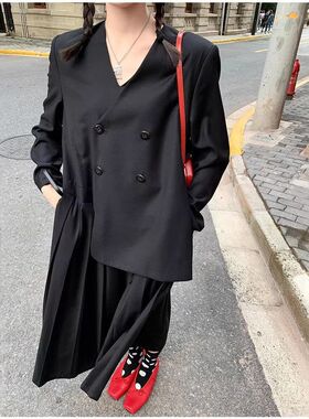 【现货】MONA气质感灰蓝色黑白色西装连衣裙 褶皱裙子新款秋冬季