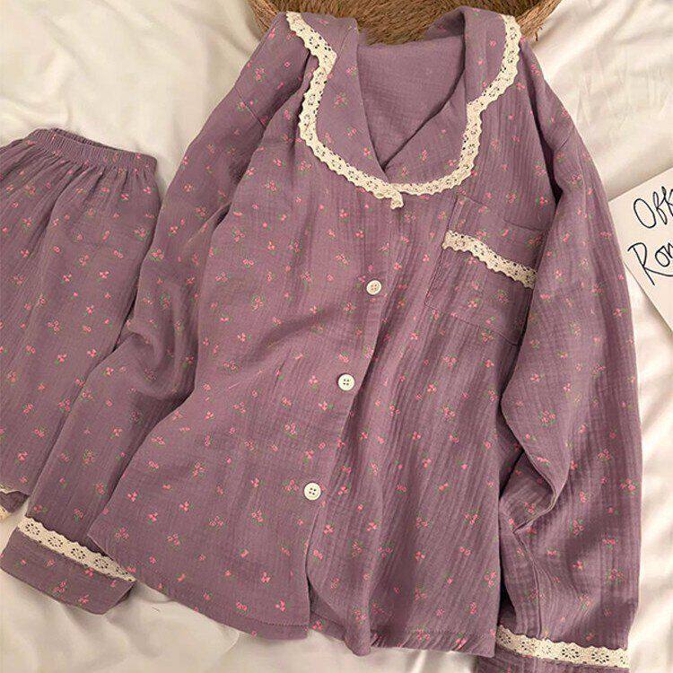 蕾丝花边少女睡衣家居服碎花长裤套装秋季开衫花边长袖感高级春