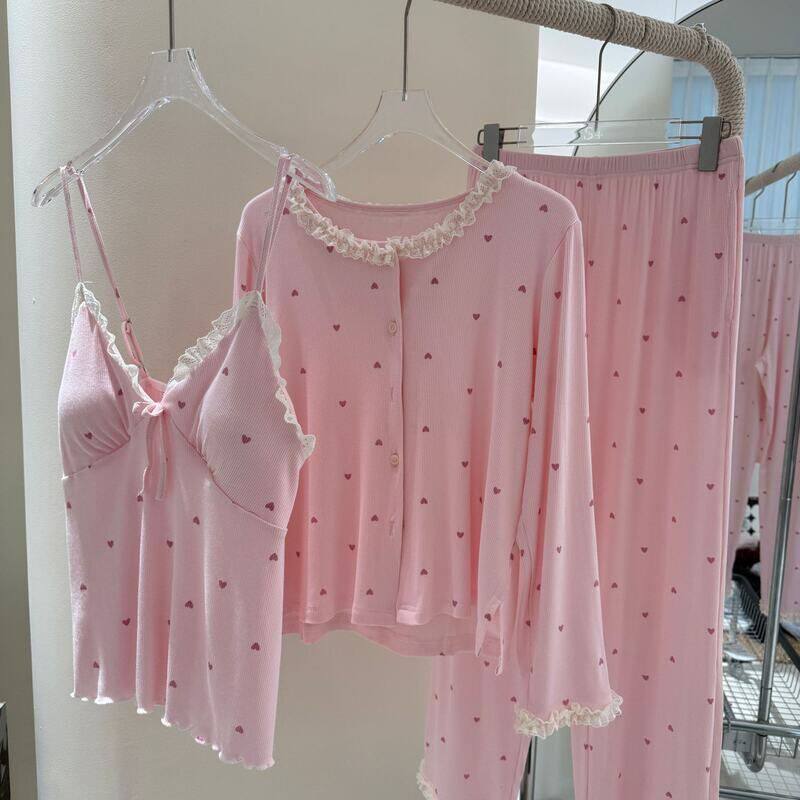 带胸垫睡衣女士秋季长袖睡衣三件套蕾丝花边韩式吊带家居服睡衣