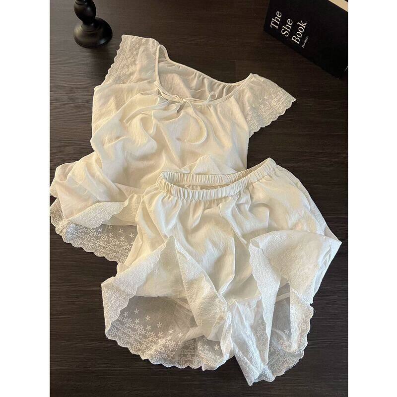 法式甜美蕾丝花边睡衣女款夏季短袖套装高级感家居服网红风可外穿
