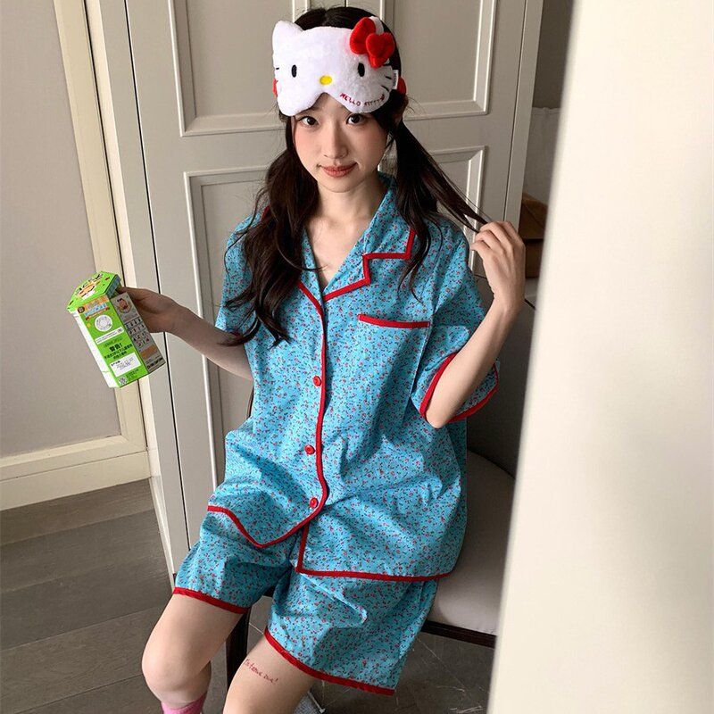 ins睡衣女夏季云朵棉清新碎花少女宿舍短袖短裤休闲风家居服套装