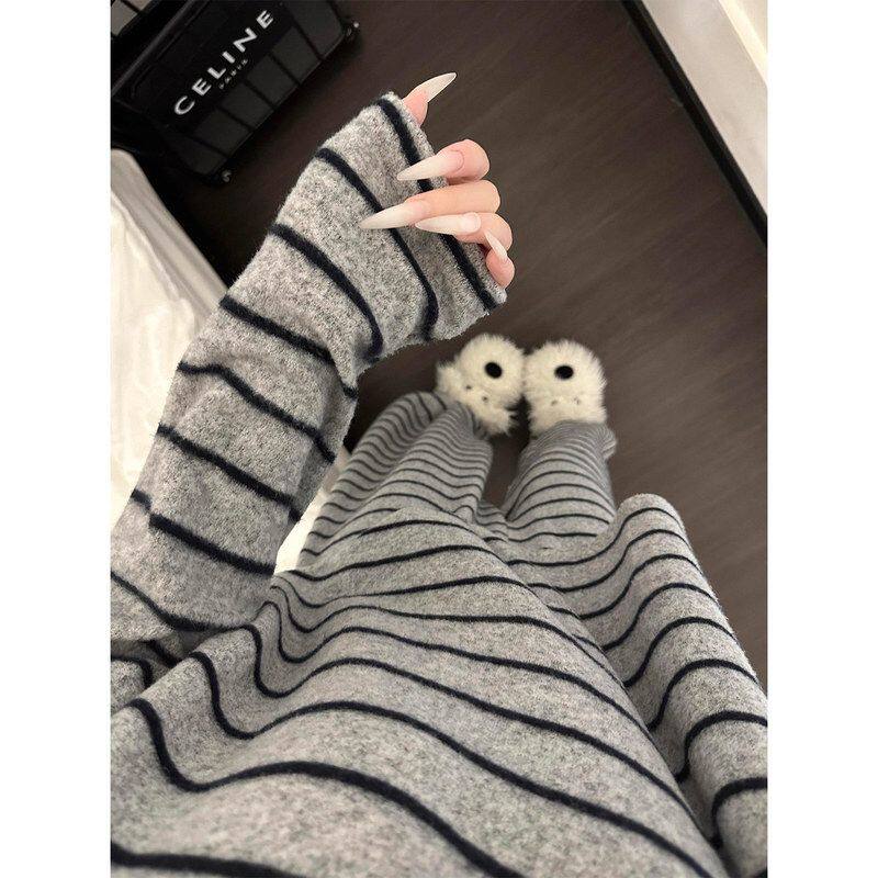 德绒睡衣女秋冬款长袖套装韩版简约休闲条纹家居服冬季大码可外穿