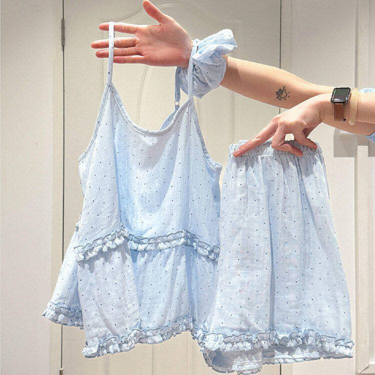 【现货速发】夏日清新波点花边拼接睡衣套装女舒适吊带短裤居家服