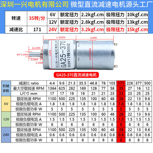 GA25-370微型有刷直流减速电机马达可调速大扭矩可正反转6V12V24V