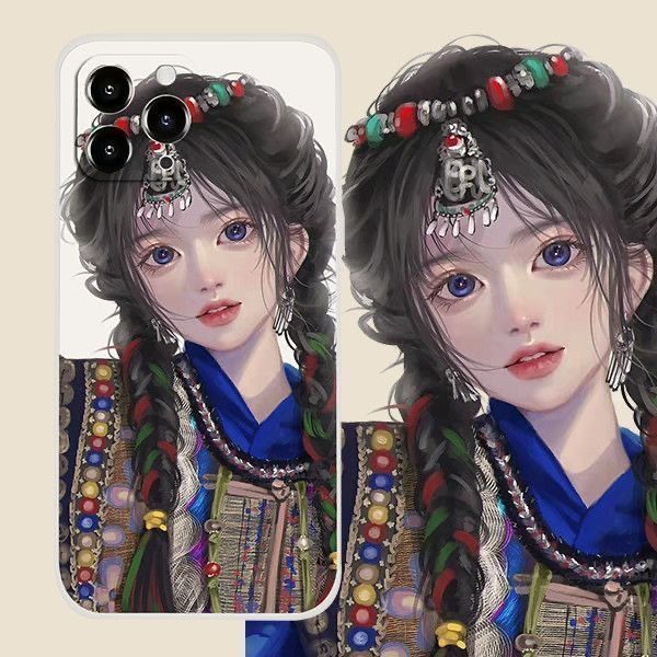 藏族插画美少女iphone手机壳苹果17promax小众16好看14高级13艺术荣耀oppo小米vivo华为1加15超火独特硅胶壳