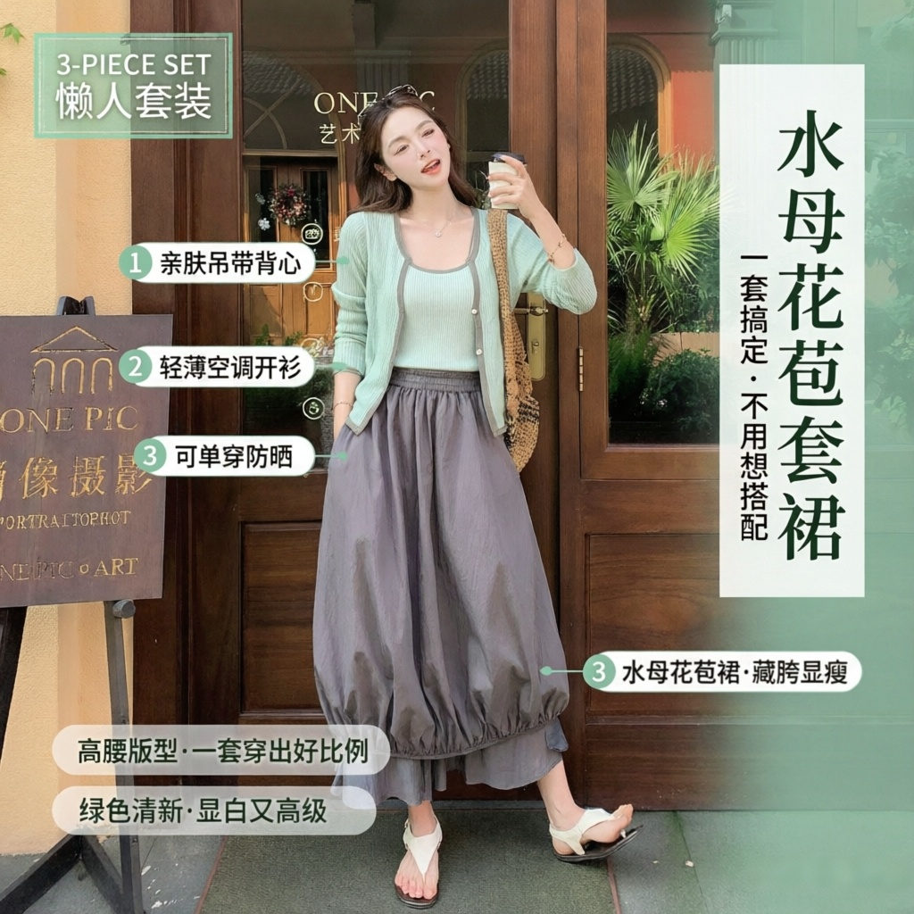 2026夏新款绿色背心开衫水母花苞半裙三件套女高腰显瘦打揽套裙