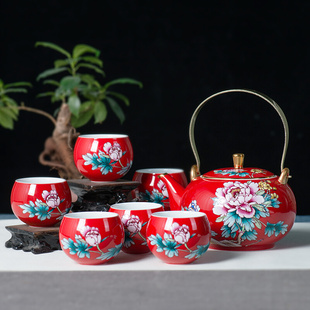 中国红瓷提梁壶陶瓷家用泡茶壶茶杯居家中式 功夫茶具套装 礼品