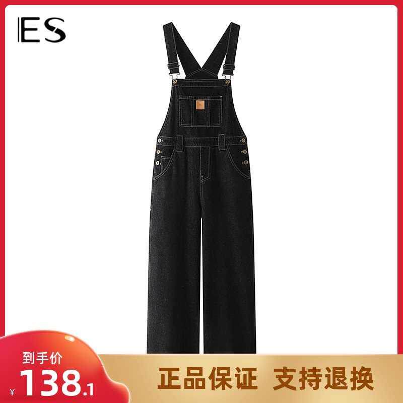 艾格ES牛仔背带裤女春秋新款宽松减龄高腰显瘦直筒阔腿连体裤子