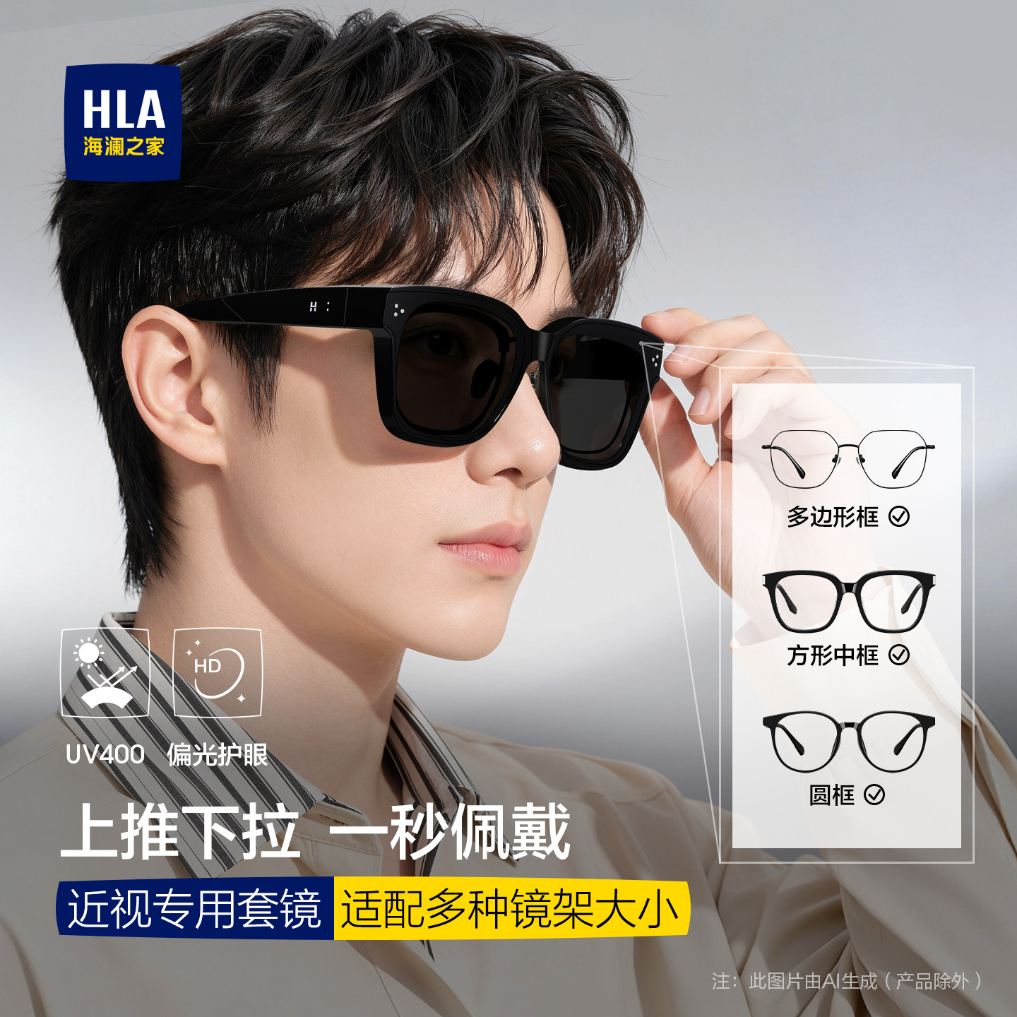 海澜之家方框套镜可套近视眼镜偏光太阳镜男女款户外开车墨镜镜夹