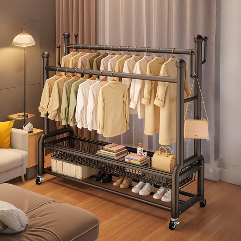 挂衣架落地卧室家用房间室内晾晒衣服架子双杆可移动多功能衣帽架