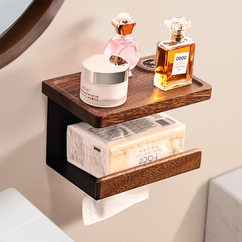 胡桃木厕所纸巾盒壁挂式免打孔高级感卫生间置物纸巾架实木卷纸架