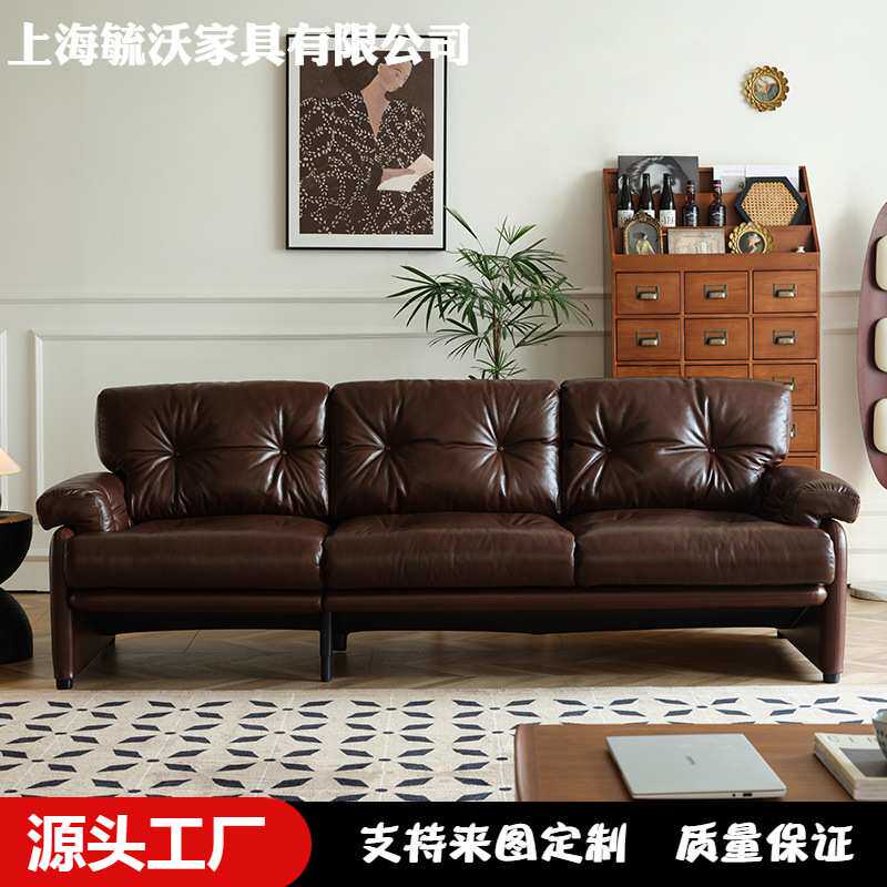 中古风复古油蜡皮沙发三人位大小户型直排南洋法式亮光皮深咖沙发