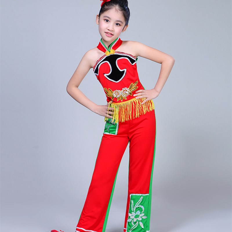 现货速发2024新款陕北民族风山丹丹开花红艳艳新款秧歌服儿童舞蹈