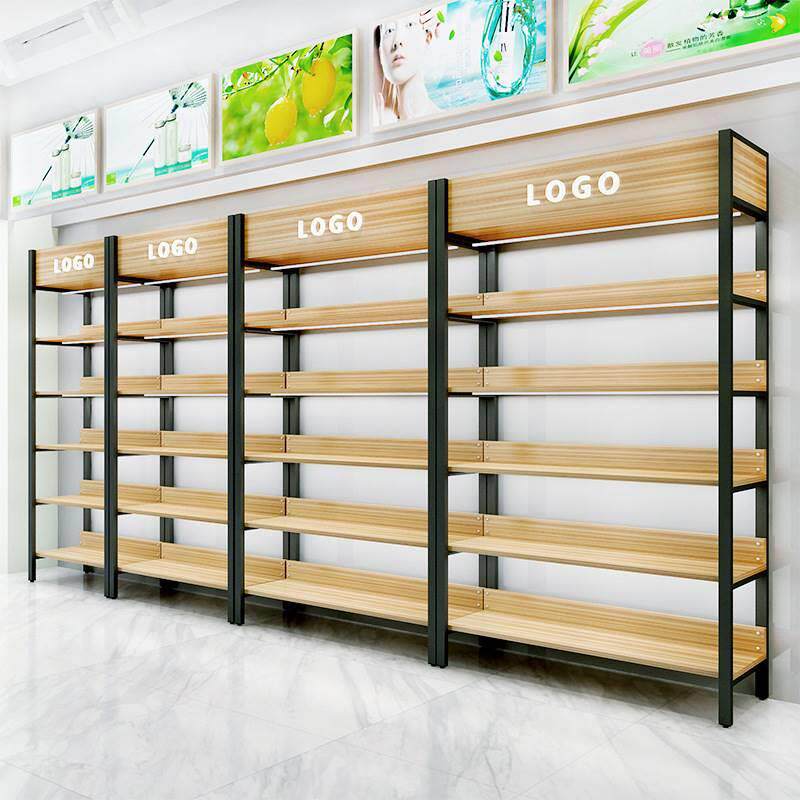 超市便利店单面钢木货架靠墙产品陈列置物架样品化妆品鞋子展示架